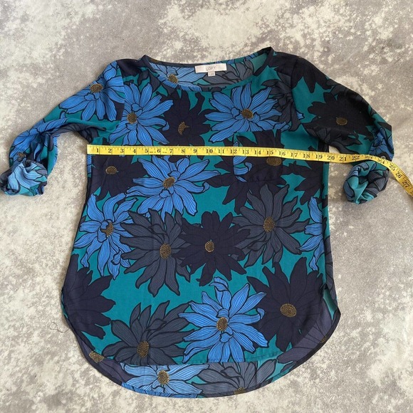 LOFT Tops - Loft Blue Floral Blouse Roll Tab Sleeve Size Small Polyester Chest Pocket